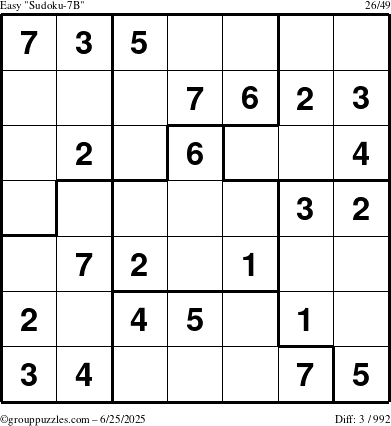 The grouppuzzles.com Easy Sudoku-7B puzzle for Wednesday June 25, 2025