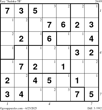 The grouppuzzles.com Easy Sudoku-7B puzzle for Wednesday June 25, 2025 with all 3 steps marked