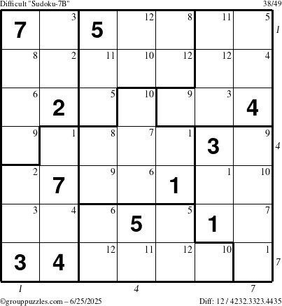 The grouppuzzles.com Difficult Sudoku-7B puzzle for Wednesday June 25, 2025 with all 12 steps marked