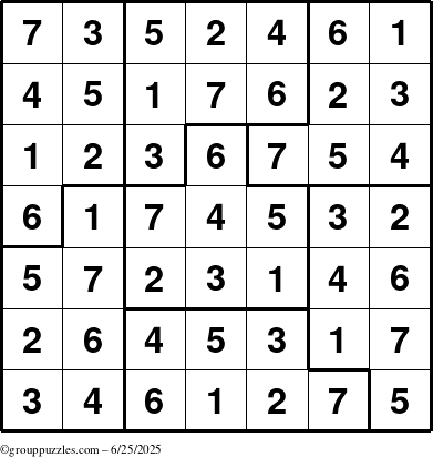 The grouppuzzles.com Answer grid for the Sudoku-7B puzzle for Wednesday June 25, 2025