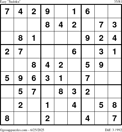 The grouppuzzles.com Easy Sudoku puzzle for Wednesday June 25, 2025