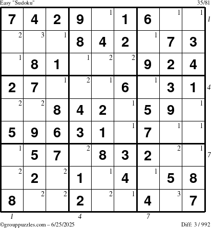 The grouppuzzles.com Easy Sudoku puzzle for Wednesday June 25, 2025 with all 3 steps marked
