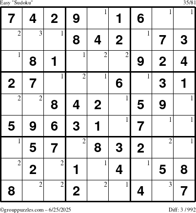 The grouppuzzles.com Easy Sudoku puzzle for Wednesday June 25, 2025 with the first 3 steps marked