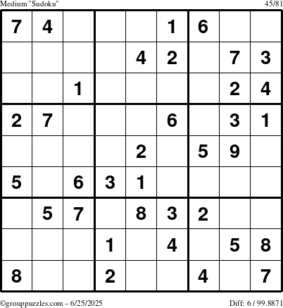 The grouppuzzles.com Medium Sudoku puzzle for Wednesday June 25, 2025