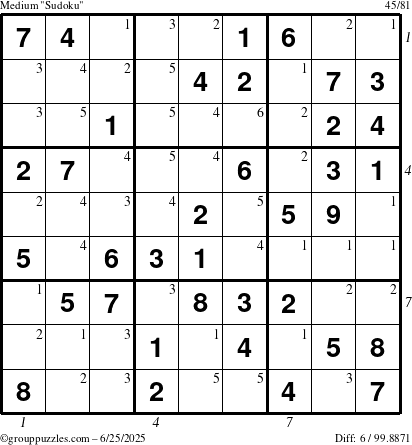 The grouppuzzles.com Medium Sudoku puzzle for Wednesday June 25, 2025 with all 6 steps marked