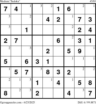The grouppuzzles.com Medium Sudoku puzzle for Wednesday June 25, 2025 with the first 3 steps marked