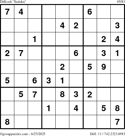 The grouppuzzles.com Difficult Sudoku puzzle for Wednesday June 25, 2025