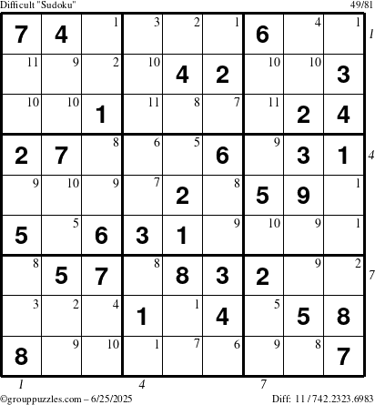 The grouppuzzles.com Difficult Sudoku puzzle for Wednesday June 25, 2025 with all 11 steps marked