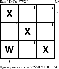 The grouppuzzles.com Easy TicTac-VWX puzzle for Wednesday June 25, 2025 with all 2 steps marked