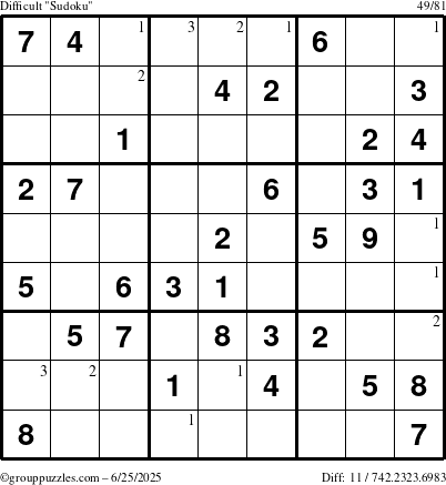 The grouppuzzles.com Difficult Sudoku puzzle for Wednesday June 25, 2025 with the first 3 steps marked