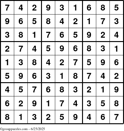 The grouppuzzles.com Answer grid for the Sudoku puzzle for Wednesday June 25, 2025