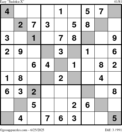The grouppuzzles.com Easy Sudoku-X puzzle for Wednesday June 25, 2025
