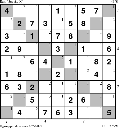 The grouppuzzles.com Easy Sudoku-X puzzle for Wednesday June 25, 2025 with all 3 steps marked