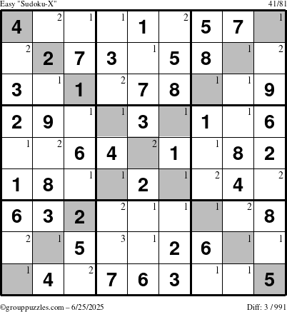 The grouppuzzles.com Easy Sudoku-X puzzle for Wednesday June 25, 2025 with the first 3 steps marked