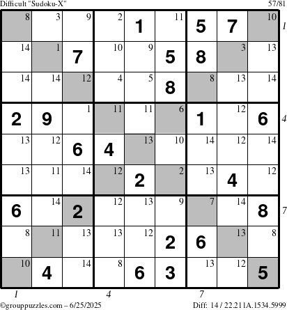 The grouppuzzles.com Difficult Sudoku-X puzzle for Wednesday June 25, 2025, suitable for printing, with all 14 steps marked