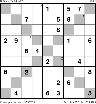 The grouppuzzles.com Difficult Sudoku-X puzzle for Wednesday June 25, 2025 with the first 3 steps marked