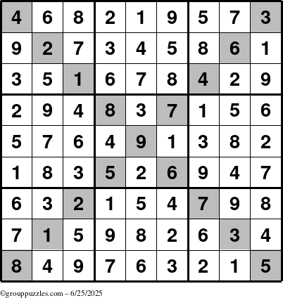 The grouppuzzles.com Answer grid for the Sudoku-X puzzle for Wednesday June 25, 2025