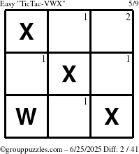 The grouppuzzles.com Easy TicTac-VWX puzzle for Wednesday June 25, 2025 with the first 2 steps marked