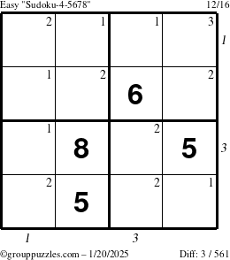 The grouppuzzles.com Easy Sudoku-4-5678 puzzle for Monday January 20, 2025 with all 3 steps marked