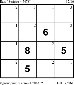 The grouppuzzles.com Easy Sudoku-4-5678 puzzle for Monday January 20, 2025 with the first 3 steps marked