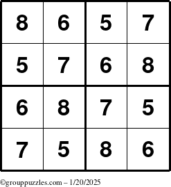 The grouppuzzles.com Answer grid for the Sudoku-4-5678 puzzle for Monday January 20, 2025