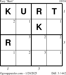 The grouppuzzles.com Easy Kurt puzzle for Monday January 20, 2025, suitable for printing, with all 3 steps marked