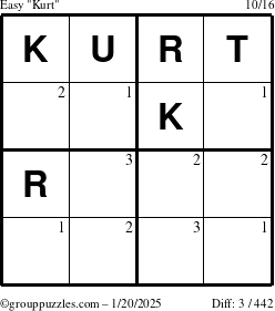 The grouppuzzles.com Easy Kurt puzzle for Monday January 20, 2025 with the first 3 steps marked