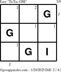 The grouppuzzles.com Easy TicTac-GHI puzzle for Monday January 20, 2025 with all 2 steps marked