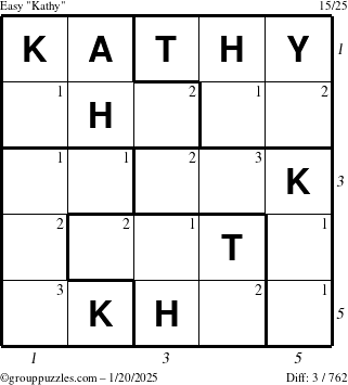 The grouppuzzles.com Easy Kathy puzzle for Monday January 20, 2025 with all 3 steps marked