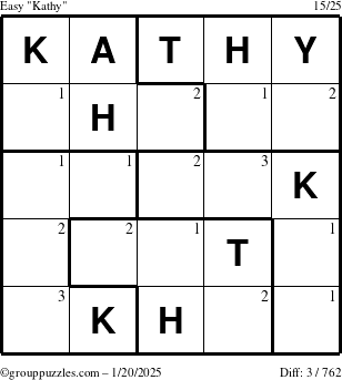 The grouppuzzles.com Easy Kathy puzzle for Monday January 20, 2025 with the first 3 steps marked