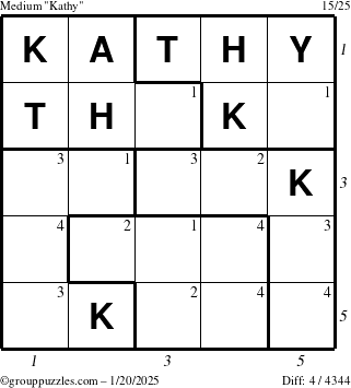 The grouppuzzles.com Medium Kathy puzzle for Monday January 20, 2025 with all 4 steps marked