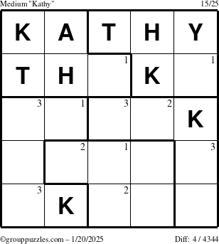 The grouppuzzles.com Medium Kathy puzzle for Monday January 20, 2025 with the first 3 steps marked