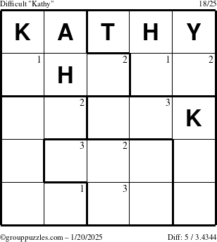 The grouppuzzles.com Difficult Kathy puzzle for Monday January 20, 2025 with the first 3 steps marked