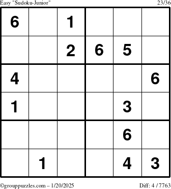 The grouppuzzles.com Easy Sudoku-Junior puzzle for Monday January 20, 2025