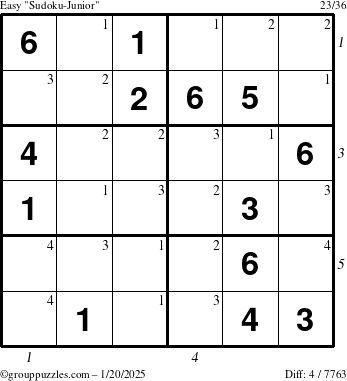 The grouppuzzles.com Easy Sudoku-Junior puzzle for Monday January 20, 2025 with all 4 steps marked