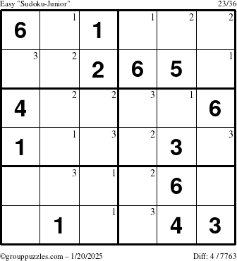 The grouppuzzles.com Easy Sudoku-Junior puzzle for Monday January 20, 2025 with the first 3 steps marked