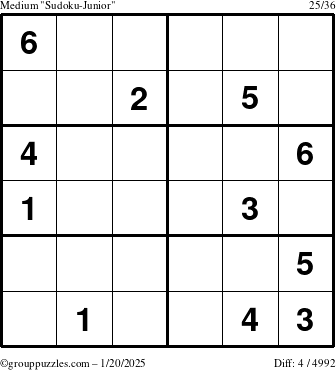 The grouppuzzles.com Medium Sudoku-Junior puzzle for Monday January 20, 2025