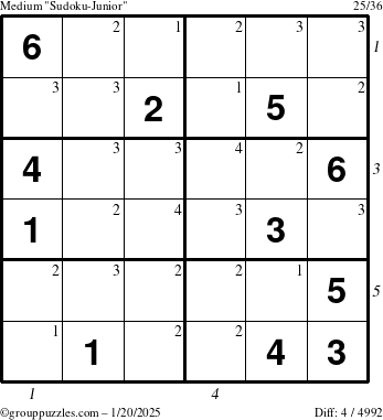 The grouppuzzles.com Medium Sudoku-Junior puzzle for Monday January 20, 2025 with all 4 steps marked