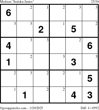 The grouppuzzles.com Medium Sudoku-Junior puzzle for Monday January 20, 2025 with the first 3 steps marked