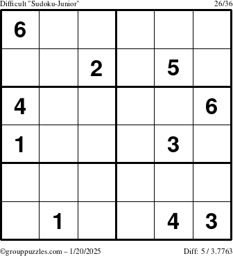 The grouppuzzles.com Difficult Sudoku-Junior puzzle for Monday January 20, 2025