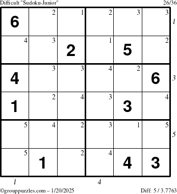 The grouppuzzles.com Difficult Sudoku-Junior puzzle for Monday January 20, 2025 with all 5 steps marked