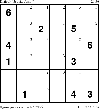 The grouppuzzles.com Difficult Sudoku-Junior puzzle for Monday January 20, 2025 with the first 3 steps marked