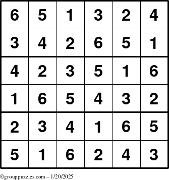 The grouppuzzles.com Answer grid for the Sudoku-Junior puzzle for Monday January 20, 2025