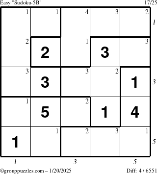 The grouppuzzles.com Easy Sudoku-5B puzzle for Monday January 20, 2025 with all 4 steps marked