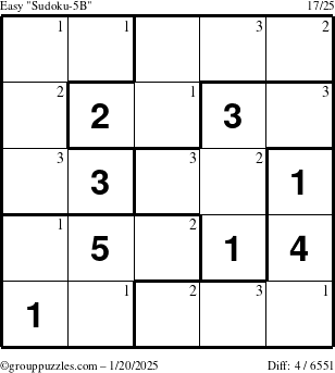 The grouppuzzles.com Easy Sudoku-5B puzzle for Monday January 20, 2025 with the first 3 steps marked