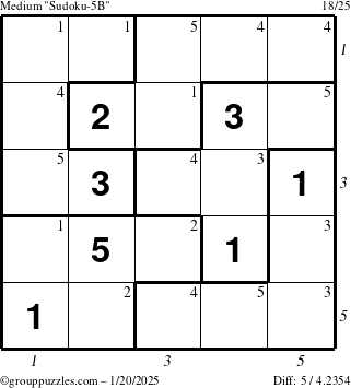 The grouppuzzles.com Medium Sudoku-5B puzzle for Monday January 20, 2025, suitable for printing, with all 5 steps marked