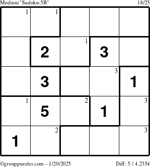 The grouppuzzles.com Medium Sudoku-5B puzzle for Monday January 20, 2025 with the first 3 steps marked