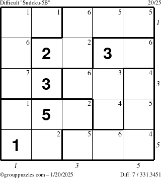 The grouppuzzles.com Difficult Sudoku-5B puzzle for Monday January 20, 2025 with all 7 steps marked