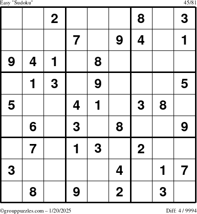 The grouppuzzles.com Easy Sudoku puzzle for Monday January 20, 2025