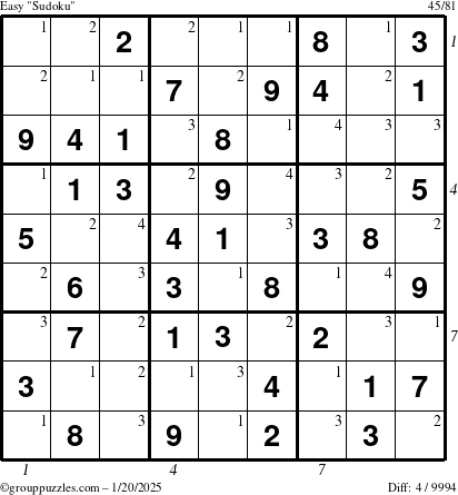 The grouppuzzles.com Easy Sudoku puzzle for Monday January 20, 2025 with all 4 steps marked